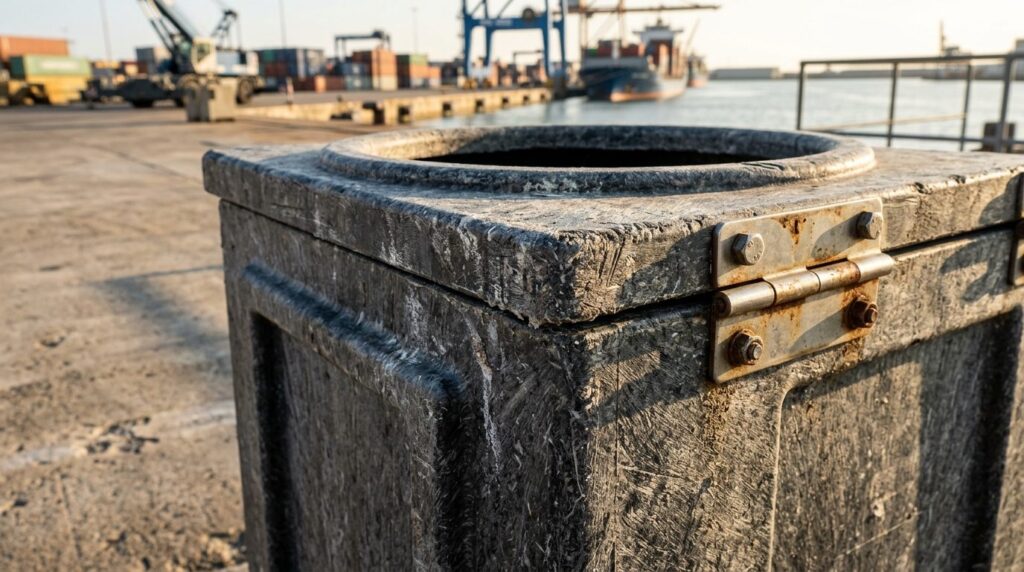Close-up detail photograph of a weathered outdoor waste bin