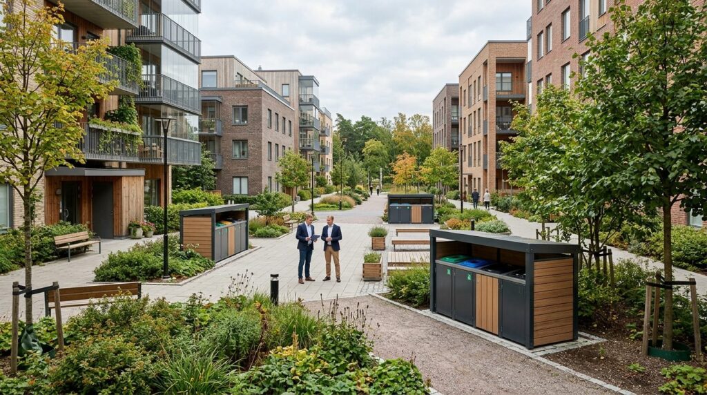 Wide-angle view of a residential housing cooperative outdoor