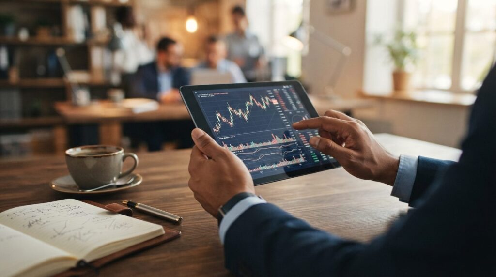 Close-up of businessmans hands holding digital tablet showi