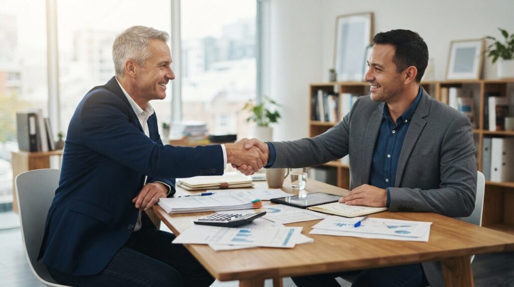 Financial advisor and small business owner in consultation m