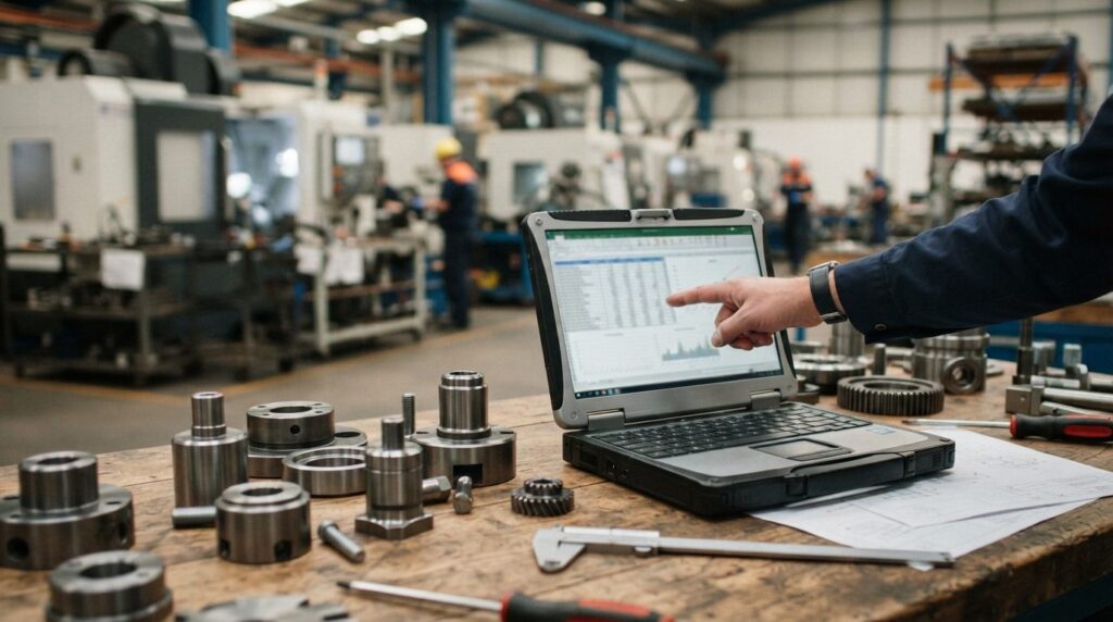 Close-up of industrial machine parts and metal components on
