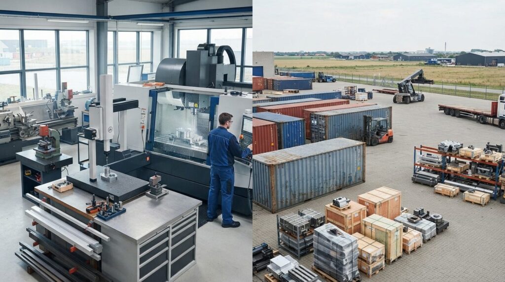 Split composition showing Danish factory workshop with preci