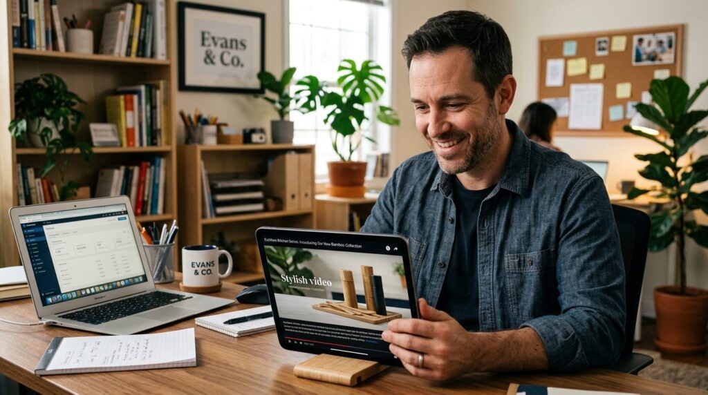 Close-up photorealistic shot of a male small business owner 