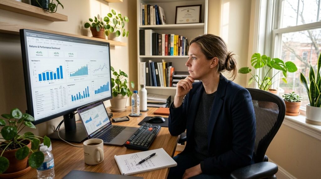 Photorealistic wide shot of a female entrepreneur analyzing 
