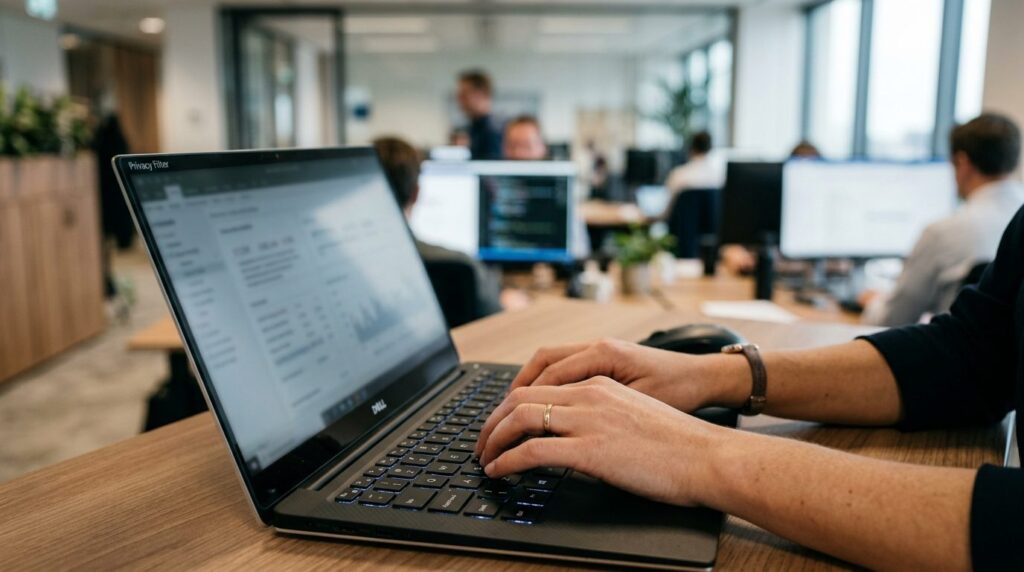 Close-up of hands typing on a laptop keyboard in a corporate