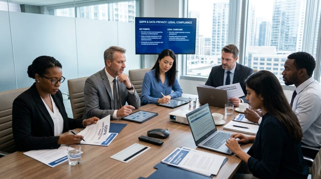 Diverse business team in a modern conference room discussing