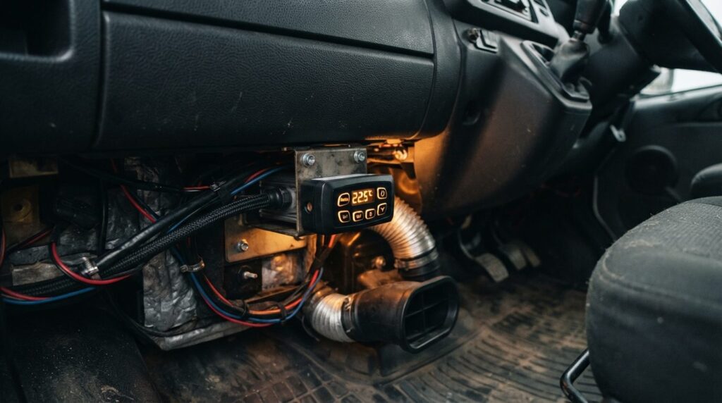 Close-up realistic shot of a diesel heater unit mounted unde