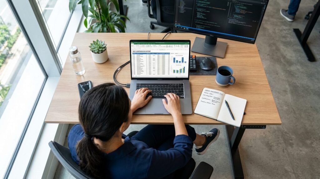 Overhead view of IT professional working at desk with laptop