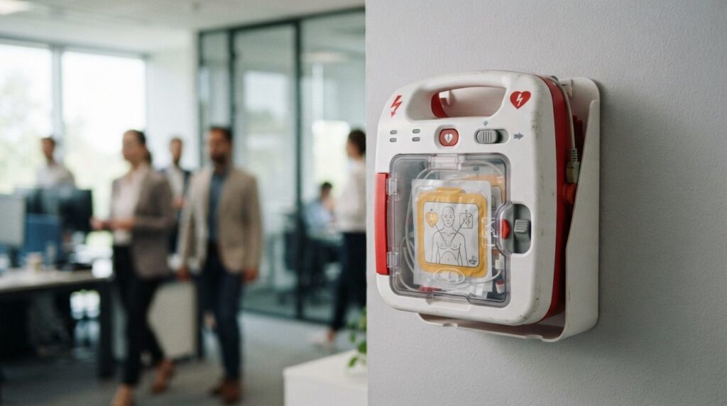 Close-up detail shot of a white and red AED defibrillator de