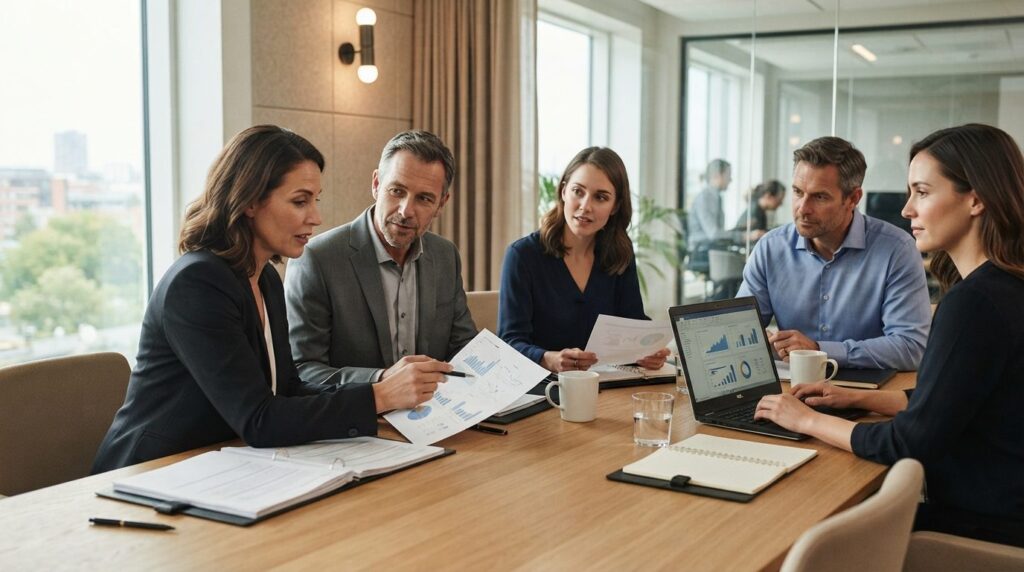 Business meeting scene with male and female professionals in