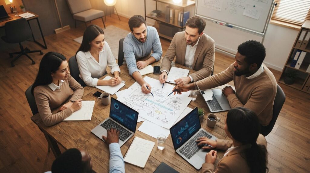 Overhead shot in 16:9 format of business professionals in a