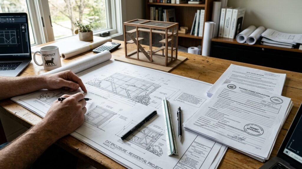 Close-up of an architects workspace with building permits a