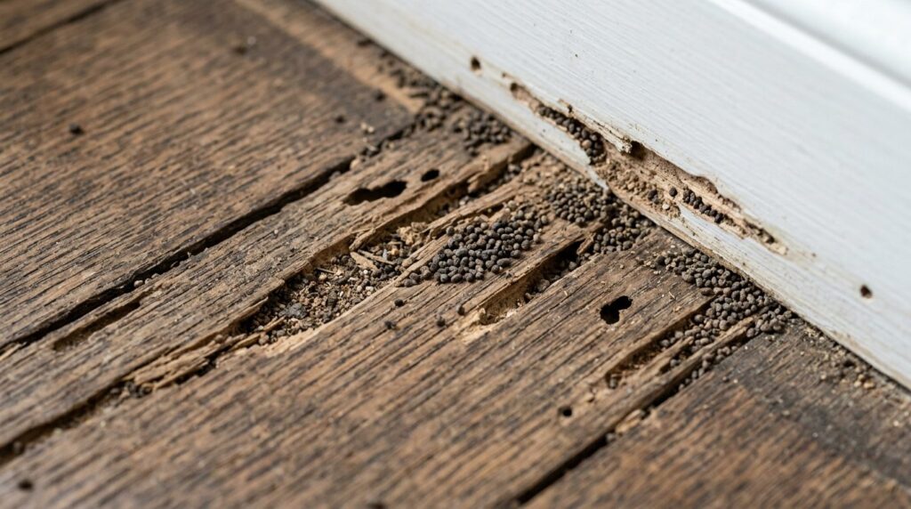 Close-up of pest infestation signs on residential wooden fur