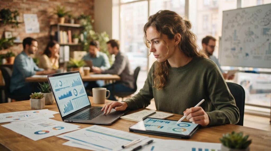 Young entrepreneur in startup office calculating costs and R