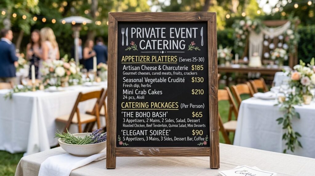 Close-up of a professional mobile catering price list board 