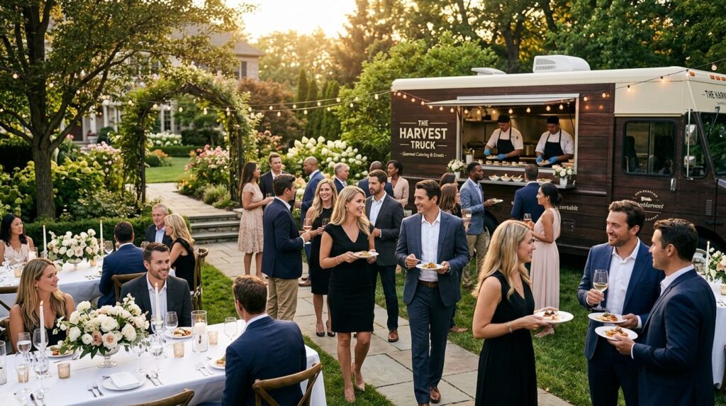Outdoor private garden event with a branded food truck parke