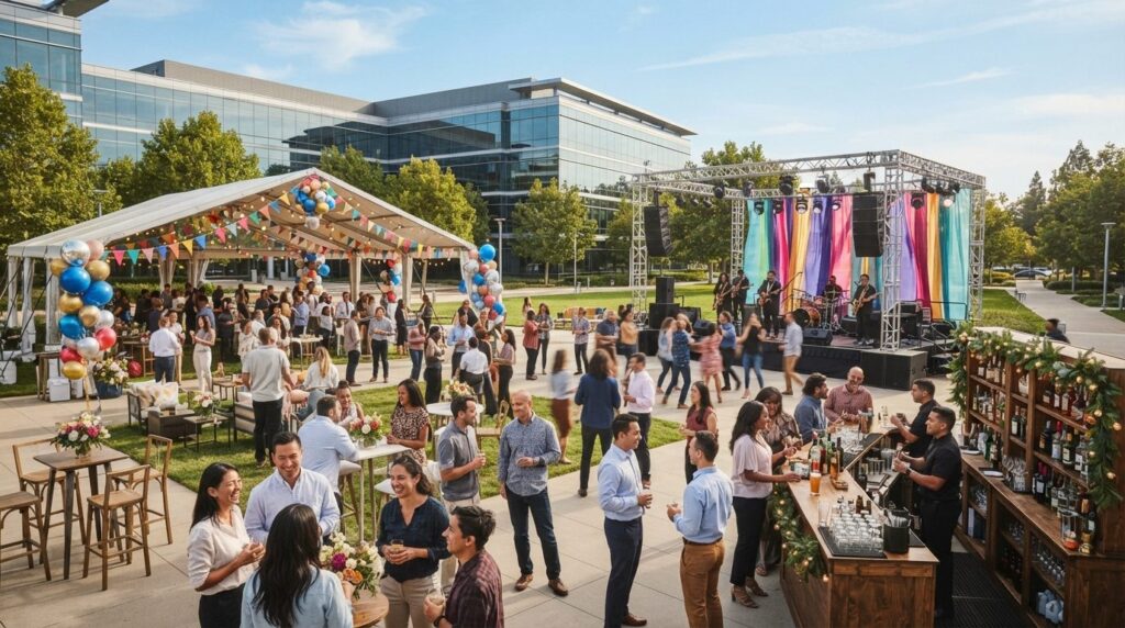 Outdoor corporate anniversary party with complete event rent