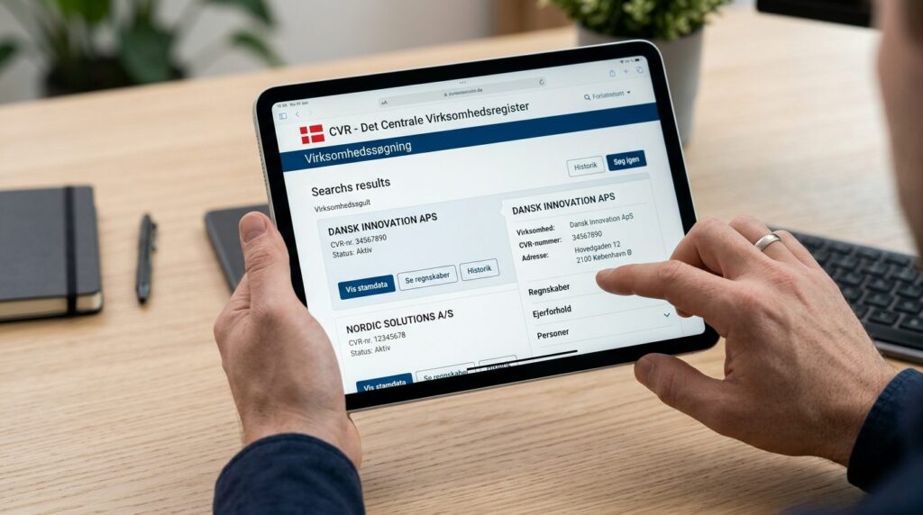 Close-up of hands holding tablet displaying Danish business