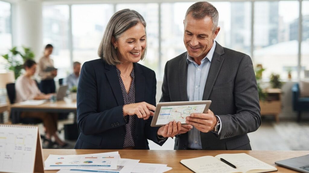 Close-up of a mature female HR manager and male company dire