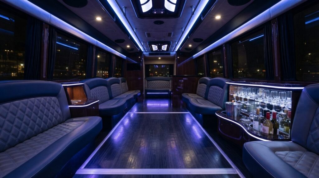 Interior shot of a luxury party bus with comfortable seating