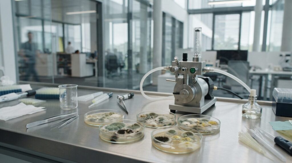 Close-up of professional air sampling equipment and petri di