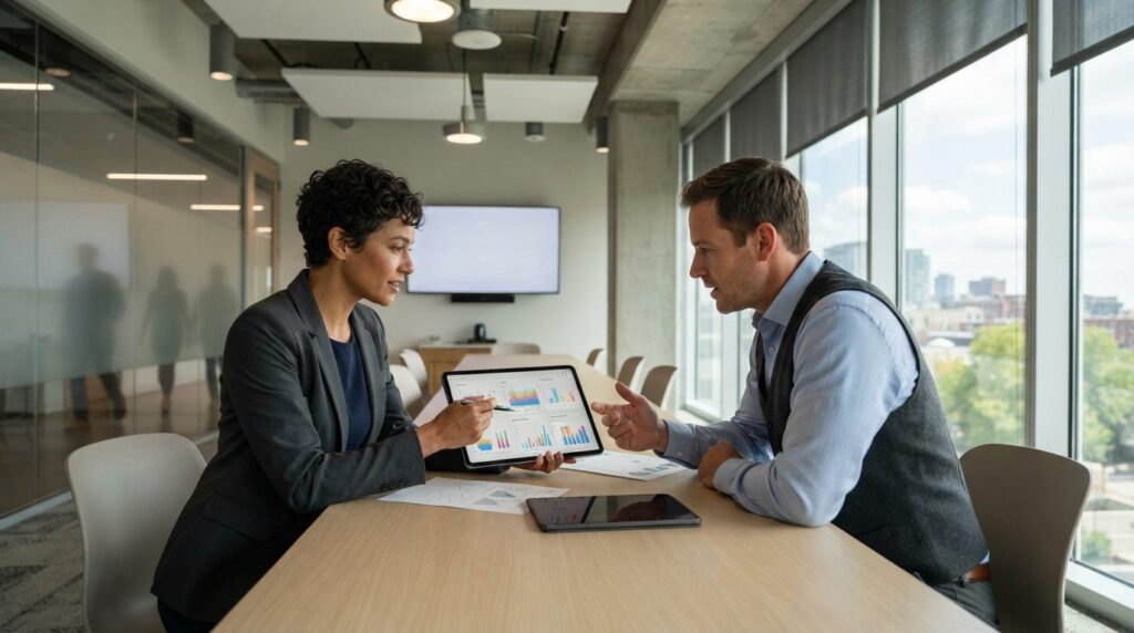 Business meeting in modern office conference room with facil