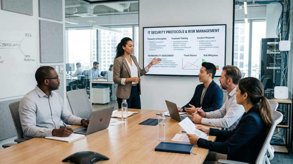 Small business team in meeting room reviewing IT security pr