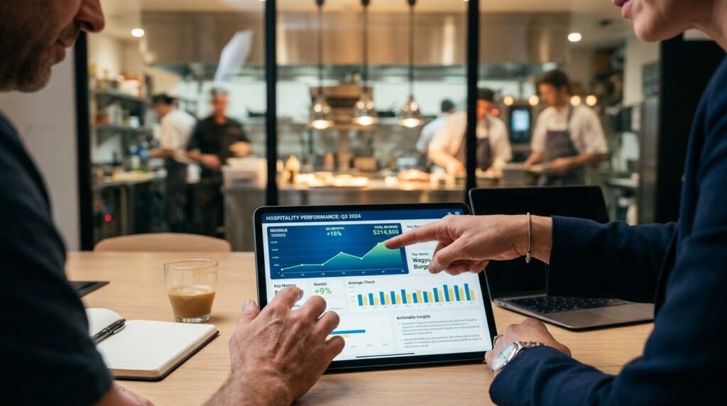 Close-up of a consultants hands pointing at growth analytic
