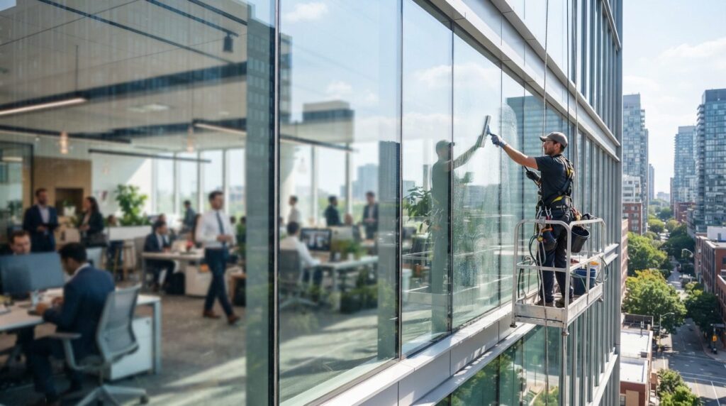 Close-up of sparkling clean commercial office windows with n