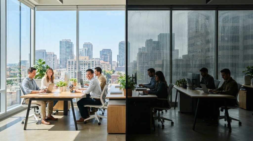 Contrast split-view of office workspace with clean gleaming