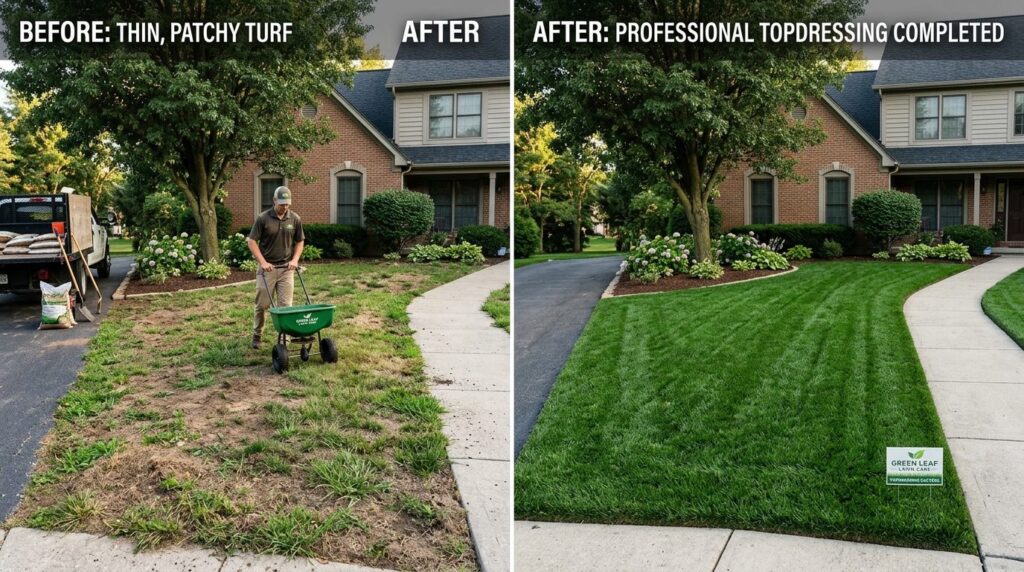 Before and after split-screen comparison of lawn transformat